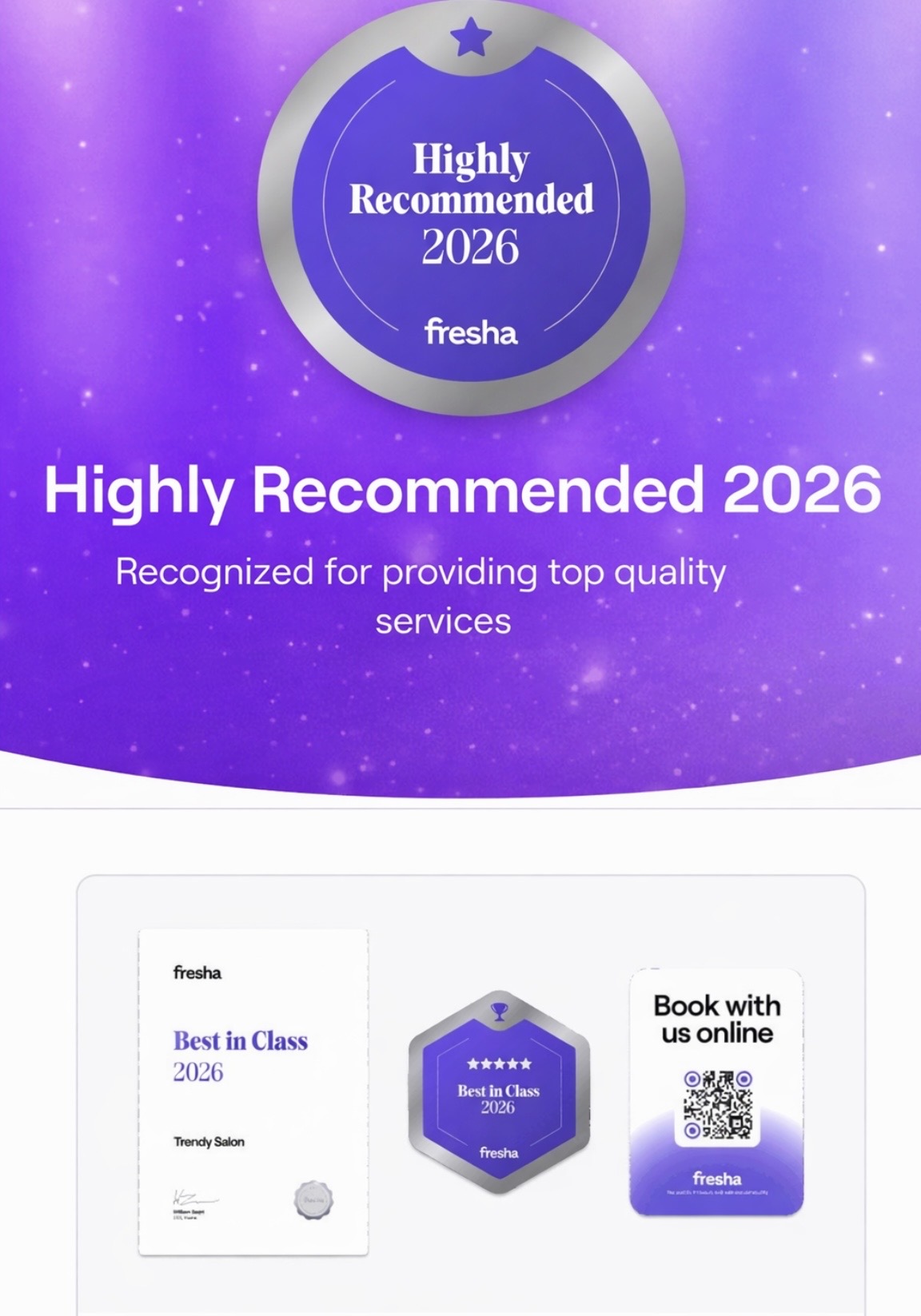 Fresha Highly Recommended 2026 and Best in Class 2026 Award